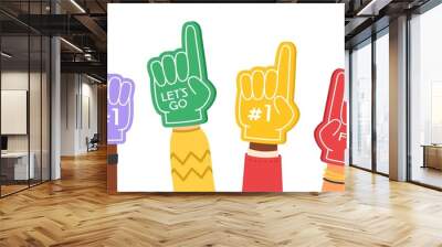 Fan foam fingers. Supporting color flat hands signs with cheerleaders inscription, motivation favorite sports team. Accessories for football match on stadium cartoon vector concept Wall mural