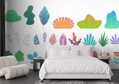 Flat minimal leaves. Simple green trees, branches and bushes. Trendy nature gradient plant and tropical foliage vector isolated set Wall mural