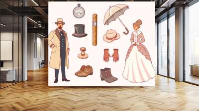 Gentlemen and ladies elements. Aristocratic couple in victorian clothing, 19th century retro accessories, hat, pocket watch, cigar, elegant shoes, cartoon flat isolated illustration, vector set Wall mural