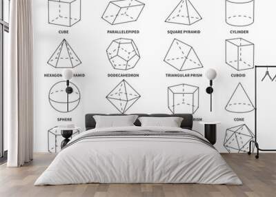 Geometric 3d line shapes. Geometry linear forms triangle, tetrahedron and cone, sphere and pyramid, hexagonal and prism objects vector set Wall mural