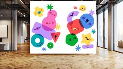 Geometric shapes faces. Funny abstract figures groups, cute childish emotions, simple color characters, modern style, kids card or poster template, vector isolated compositions Wall mural