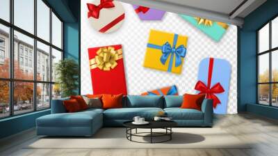 Gift box with bows. Top view gift boxes with red, blue and gold ribbon bow. Birthday, christmas or valentine day presents. Decoration stylish wrap vector set on transparent background Wall mural