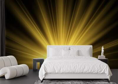 Golden glow of sun rays. Yellow light isolated on black background. Golden bright sunlight, transparent starburst, morning sunrise. Sunny weather backdrop vector realistic illustration Wall mural