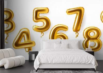 golden number balloons. realistic metal air party decor. anniversary celebration numeral shapes from Wall mural