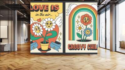 Groovy daisy flower posters. Psychedelic chamomiles with phrases, retro style faces, 70s hippie cards collection, rainbows and botanical elements, vintage print, tidy vector set Wall mural