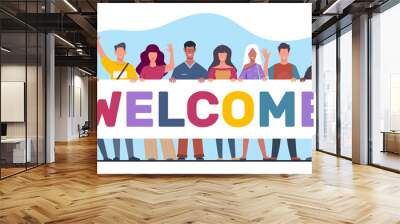 Group of diverse young men wave their hands in welcoming gesture. Happy persons hold greeting banner. Students team together. Invite poster. Cartoon flat style isolated vector concept Wall mural