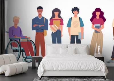 Group of multicultural students, disabled guy sitting in wheelchair. Young people in modern clothes standing. Teenagers in college or university cartoon flat illustration. png concept Wall mural