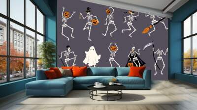 Halloween dancing characters with pumpkins. Cartoon funny holiday skeletons, ghosts and witches, spooky party mascots, scary decorative isolated dead mascots for cards, tidy vector set Wall mural