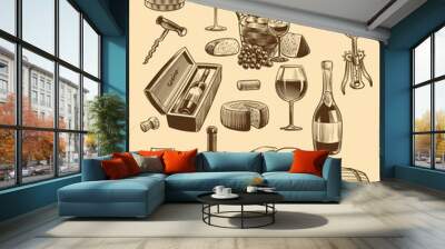 Hand drawn wine set. Engraving images of bottle and wineglasses, bunch of grapes and sliced cheese, corkscrew and wooden barrel, vector sketch style collection for restaurant or cafe menu Wall mural