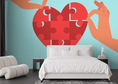 Health care team in unity. Hands assemble heart puzzle. Volunteer teamwork, joint help, sharing love, support and donation. People mutual assistance. Vector cartoon flat charity concept Wall mural