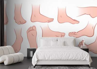 Human feet. Different naked foot positions, sole, heel and toes, front, side and back view, healthy skin, toenails, body part, human body anatomy elements, cartoon flat tidy vector set Wall mural