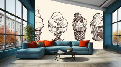 Ice cream dessert. Hand drawn black engraved vintage sweet delicious in bowl for restaurant isolated sketch vector set Wall mural