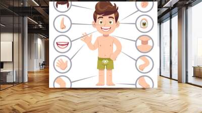 Kid body parts. Human child boy with eye, nose and chest, head. Knee, legs and arms cartoon preschool education vector illustration Wall mural