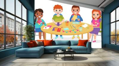 Kids paper craft. Boys and girls cut colored paper figures at round table, make applications, origami flags and chains garlands. Children art hobby and interest group vector cartoon concept Wall mural