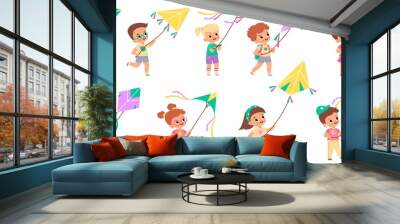 Kids with kites. Happy children fly color kite into sky collection, different colors design shapes, cute boys and girls with wind controlled toys, people hobbies vector cartoon isolated set Wall mural