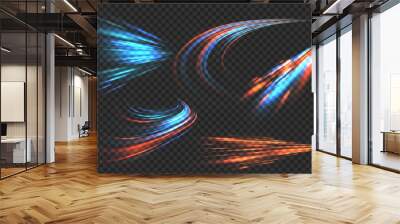 Light motion trails. High speed effect motion blur night lights in blue and red colors, abstract flash perspective road glow streaks long time exposure vector set on transparent background Wall mural