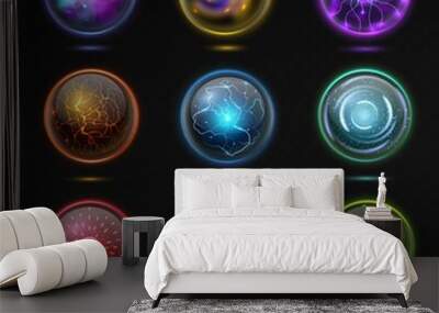 Magic ball. Energy sphere with plasma, glowing crystal orbs, spiritual glass globe occult prediction future with fantasy effects 3d illustration vector isolated set on black Wall mural