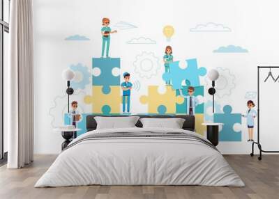 Medical solution. Cartoon doctors searching ways to treat diseases. Physicians of different specialties and puzzle. Hospital employees work together for solving problems. Vector teamwork Wall mural