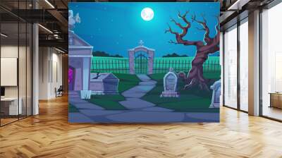 Night cemetery. Dark graveyard landscape, old stone tombstones and crosses, rip inscriptions, family crypt, full moon cartoon landscape gothic. Halloween nightmare background tidy vector concept Wall mural