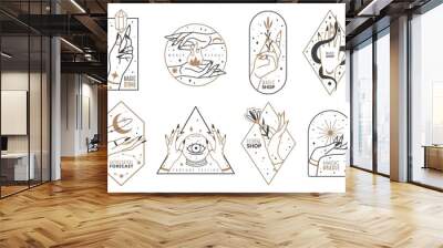 Occult line emblems. Outline women hands with mystical magic elements in minimalistic trendy style, witchcraft golden symbols and mysterious objects, elegant vector isolated collection Wall mural