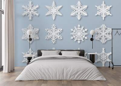 Paper snowflakes. New year and christmas papercut 3d snowflake elements. White winter snow ornament decoration, origami vector set Wall mural