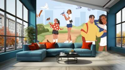 People feed pigeons. Walkers in park feed birds, happy guys and girls give grains and crumbs to doves and sparrows, men women and kids walking, cartoon flat style isolated tidy vector concept Wall mural