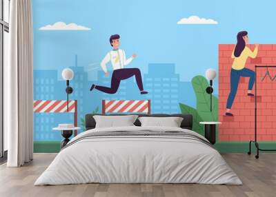 People overcoming obstacles. Businessmen jump over hurdles, woman climbs wall, employees difficult progress towards goal, obstacle course with golden goblet prize, vector concept Wall mural