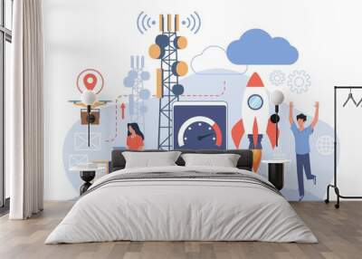 People use wireless 5g. Transmitter tower, different application areas, mobile telecommunication system, high speed internet, happy man and woman with gadgets, vector isolated concept Wall mural