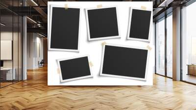 Photo frames realistic. Empty white photos frame vintage with adhesive tapes. Images different forms on wall, blank retro memory album. Wall collage photography mockup vector isolated set Wall mural