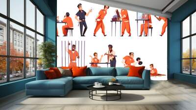 Prisoners characters. Guys in orange jumpsuits, law violation, punishment, men in jail cage, imprisonment term serving, police interrogation, cartoon flat style isolated tidy vector set Wall mural