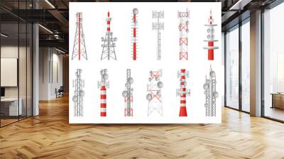 Radio towers. Telecom masts broadcast equipment, wireless station towered transmitter satellite signal, communication technology vector set Wall mural