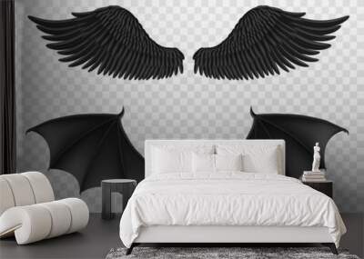 Realistic black wings. Pair of dark feathers raven and bat wings, crow bird parts, isolated demon elements, fly animals paired objects. Spiritual evil symbols vector 3d set Wall mural