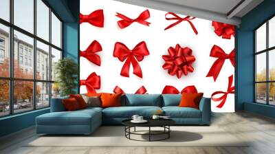 Realistic bow set. Red silk ribbons with bows festive decor satin rose, luxury elements for holiday packaging and design, elegant gift tape 3d vector decor set on white background Wall mural