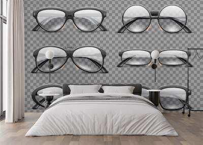 Realistic glasses. Ocular plastic frames with transparent lenses, classic models top and angle view, eyes care, vision improvement objects different from, fashion accessory utter vector set Wall mural