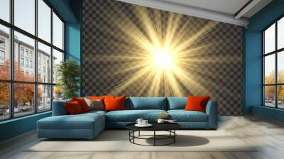 Realistic sun rays. Yellow sun ray glow abstract shine light effect starburst sbeam sunshine glowing isolated image Wall mural