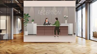 Reception service. Receptionist and customer in hotel lobby hall, people travelling. Business office flat vector concept Wall mural