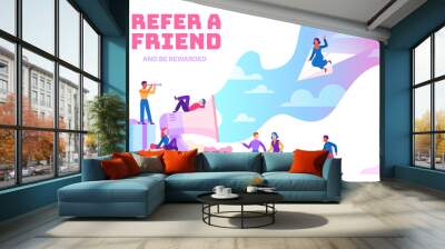 Refer a friend. Friendly people with megaphone referring new users. Business recommendation website. Flat vector background Wall mural