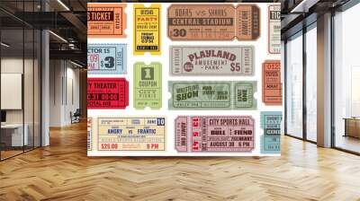 Retro tickets. Vintage cinema ticket concert and festival event, movie theater coupon. Circus show, raffle paper voucher vector set Wall mural