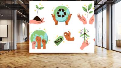 Save planet hands. Cartoon human hands hold different ecological symbols and elements, environment protection emblems, natural eco products, recycle green sign, tidy vector isolated set Wall mural