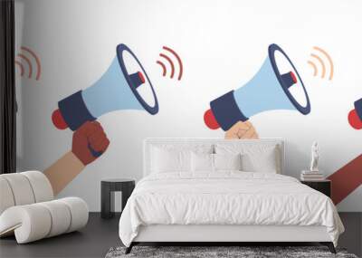 Set of different hands with megaphones. Loudspeaker in people arms, sound attention equipment, advertising or promotion tools, audio broadcasting, cartoon flat isolated illustration. png set Wall mural