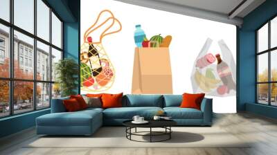 Shopping bags with foods. Grocery purchases, paper packages, plastic or eco bag, full trolley and basket with products. Buying food flat vector cartoon set Wall mural