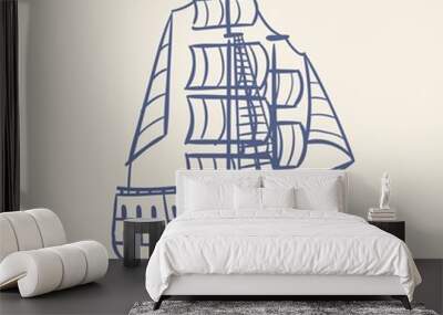 Sketch sailboat. Vintage medieval pirate running away ship and waves nautical travel vector floating sea concept Wall mural