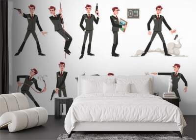 Spy secret agent. Elegant character, undercover special detective or policeman, various professional actions, man in formal suit with gun, runs and opens safe, tidy vector cartoon flat set Wall mural