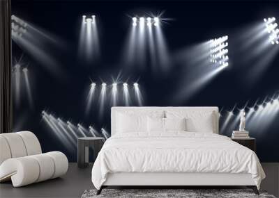 Stadium spotlights. Football field directional light sources, realistic searchlights. Illuminated studio and arena stage lamps, different directions projector, vector isolated set Wall mural