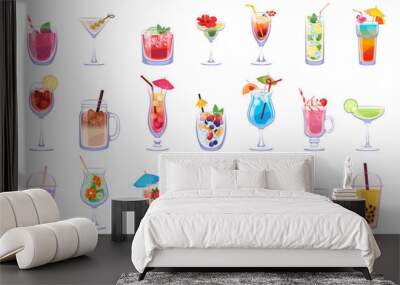 Summer fresh drinks. Fruit cocktails, cold beverages in various form glasses, ice cubes, soda and mint leaves, juices and lemonades, mojito and margarita. Tidy vector isolated set Wall mural