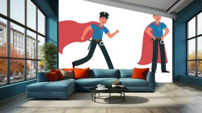 Super cop on duty, police superhero with superhuman powers. American police in uniform and red cape. Standing and running man. Officer or sheriff. Cartoon flat isolated vector concept Wall mural