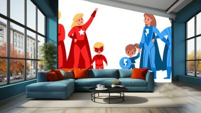 Superhero family. Children and parents in heroes red and blue suits and capes, standing together powerful team. Super mother and father, son and daughter. Strong man, woman and kids vector concept Wall mural