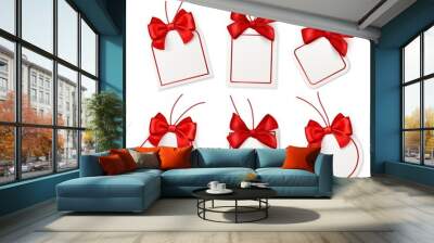 Tags with red bows. Blank white price labels with silk scarlet ribbons for christmas or birthday packaging gift vector realistic templates collection Wall mural