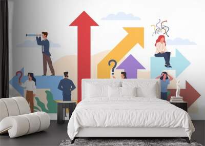 Think people choose path. Alternative options, tiny men and women group looking right solution, difficult crossroad and pathways, employee make decision, vector isolated dilemma concept Wall mural