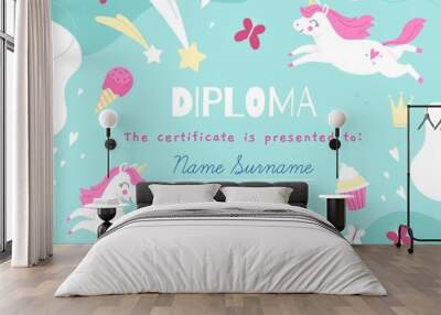 Unicorns frame. Kids diploma template with magic items, fairy creatures, rainbow and sweets, mythical horses. Children school certificate, preschool graduation vector cartoon concept Wall mural